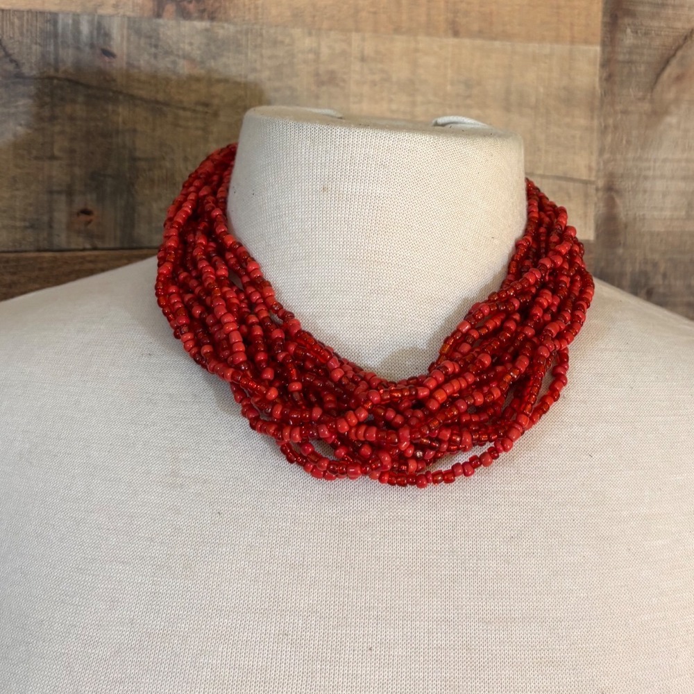 Red Multi Strand Seed Bead Necklace Woven Toggle Closure Boho Statement